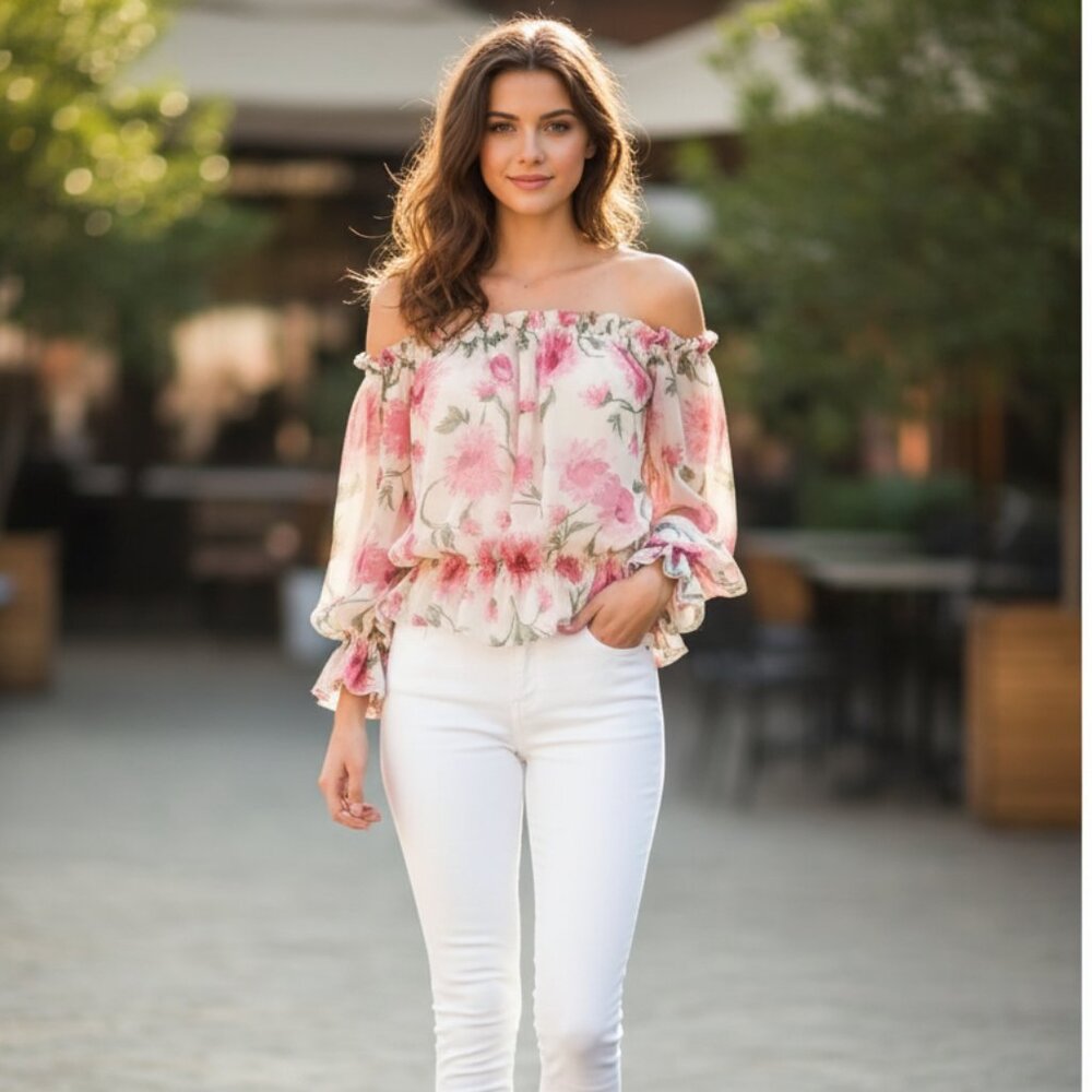 Topshop Pink and Cream Ruffled Blouse